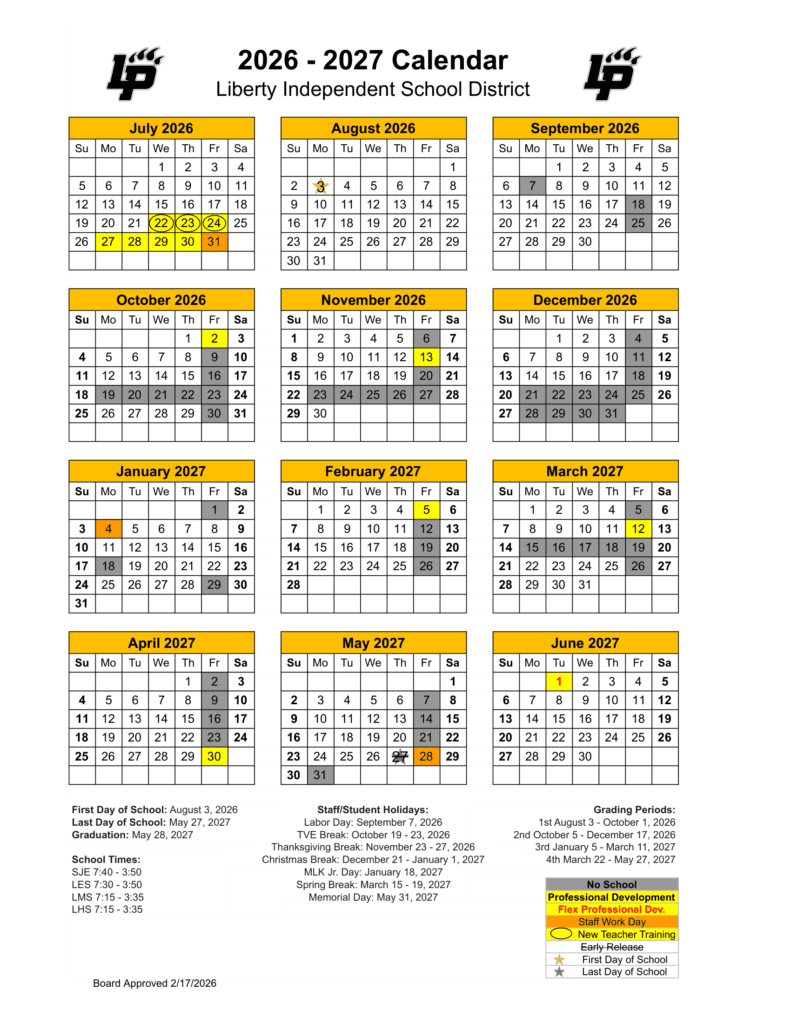 Liberty Independent School District 26-27 Calendar