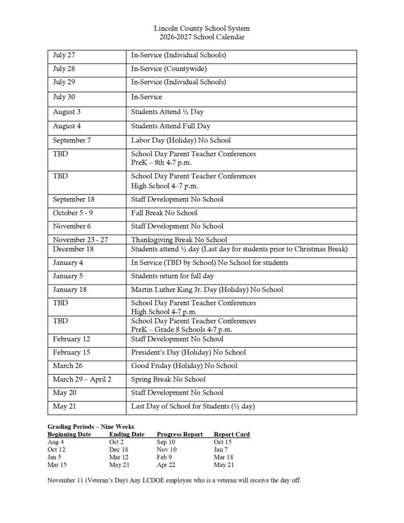 Lincoln County School System Calendar FAQ 2026-2027