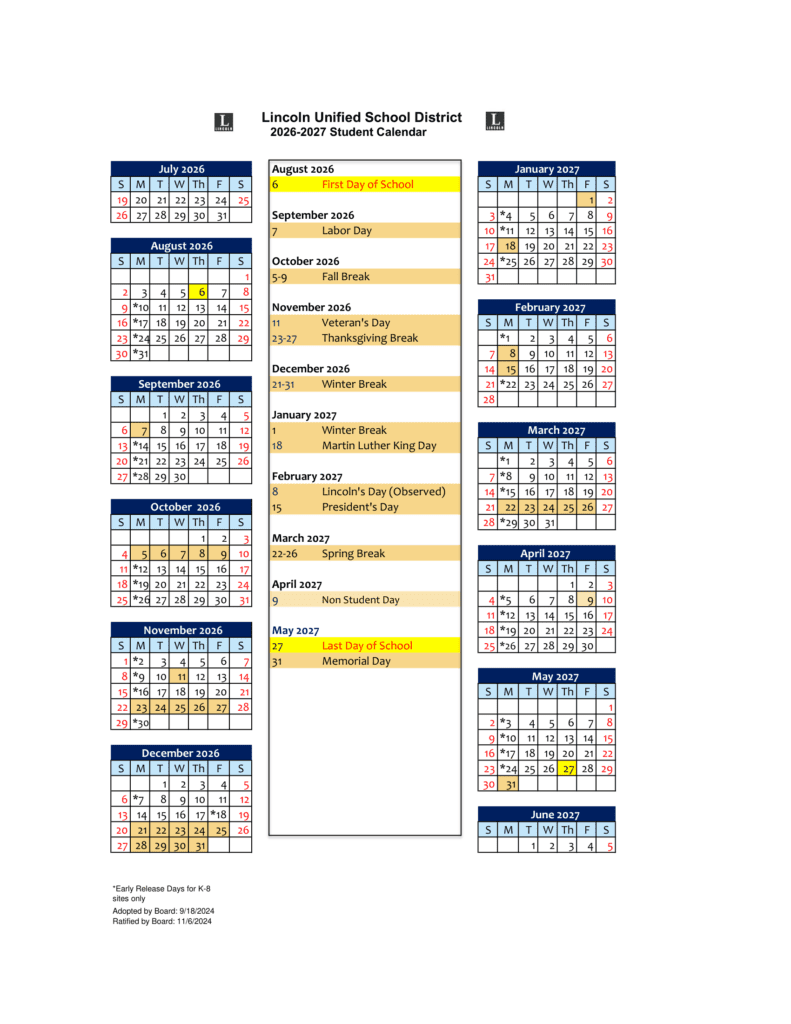 Lincoln Unified School District 26-27 Calendar