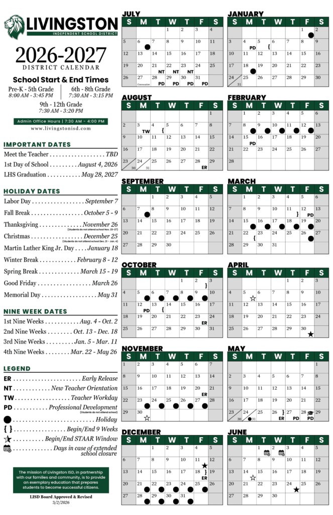 Livingston Independent School District 26-27 Calendar
