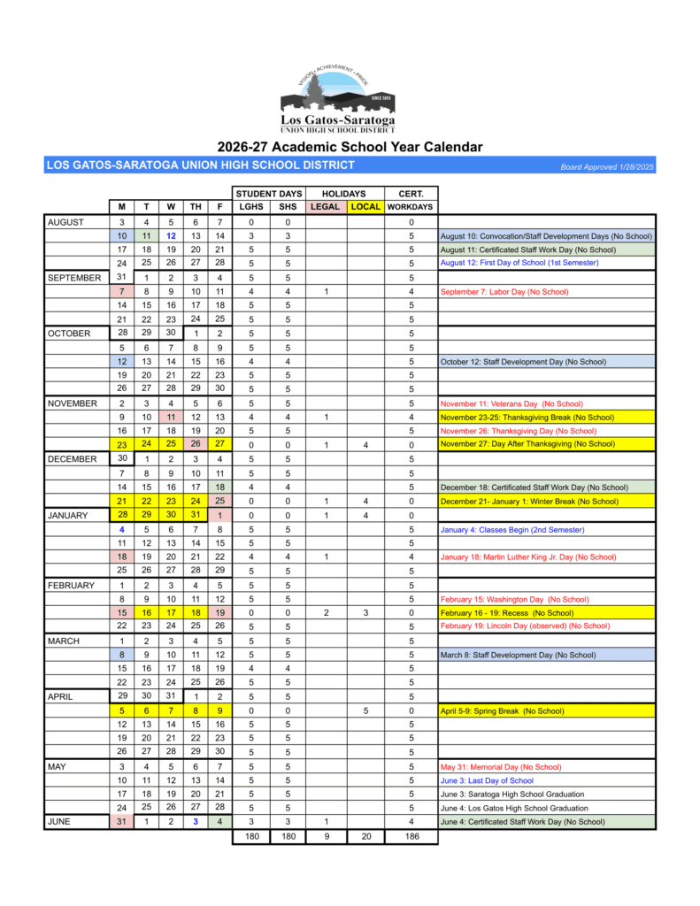Los Gatos-Saratoga Union High School District 26-27 Calender