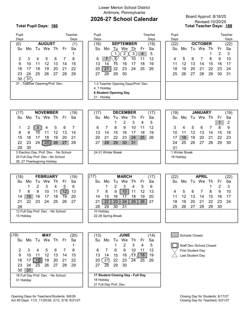 Lower Merion School District 26-27 Calendar