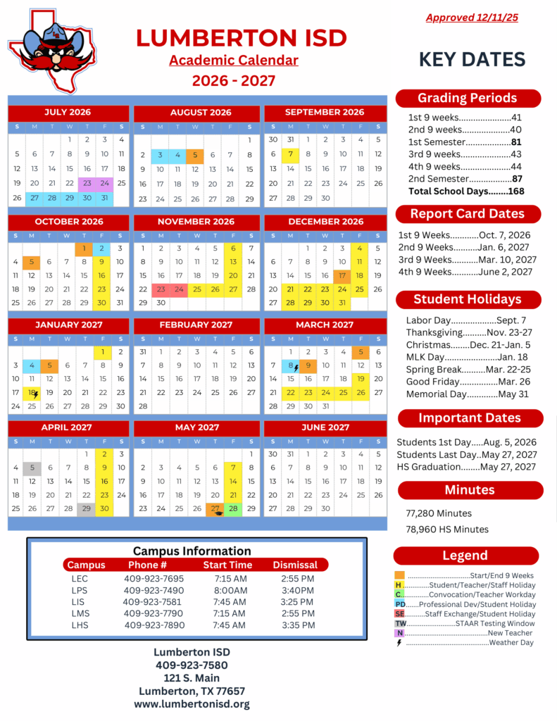 Lumberton ISD 26-27 Calendar