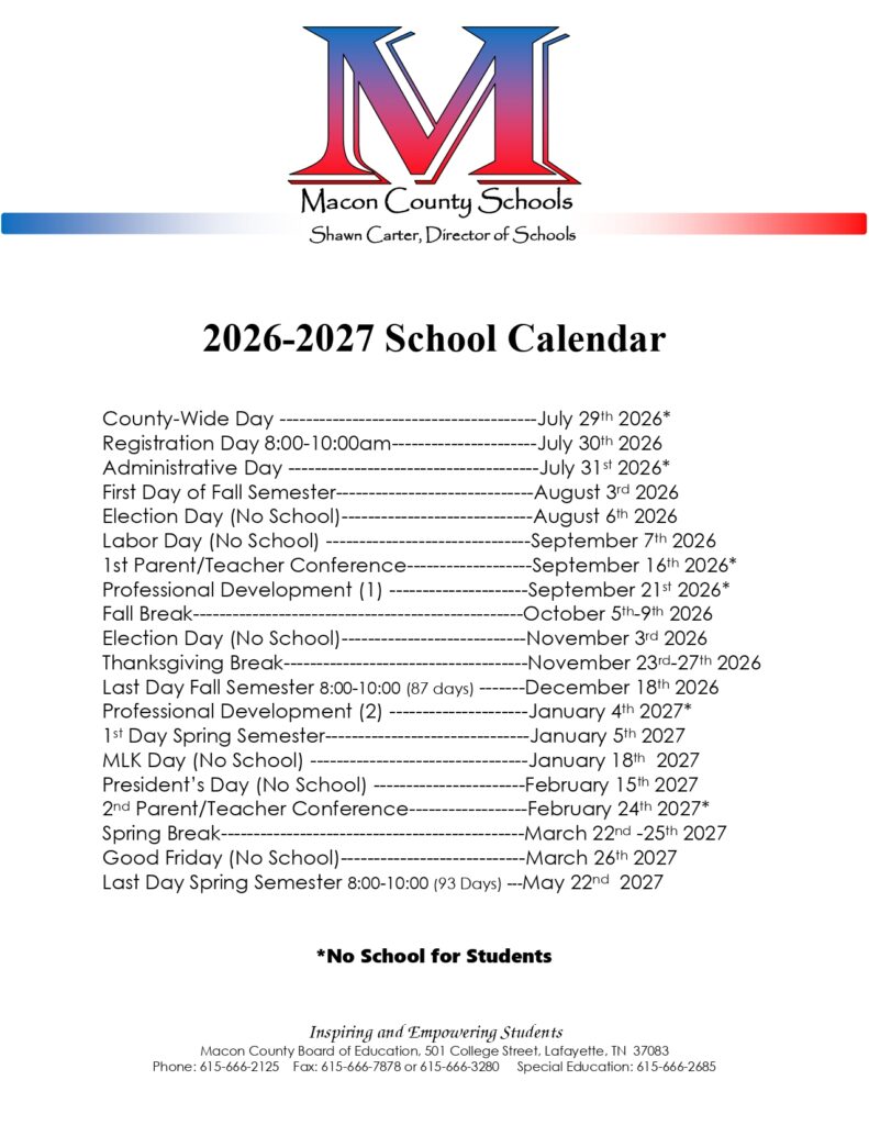 Macon County Schools Calendar 2026-2027