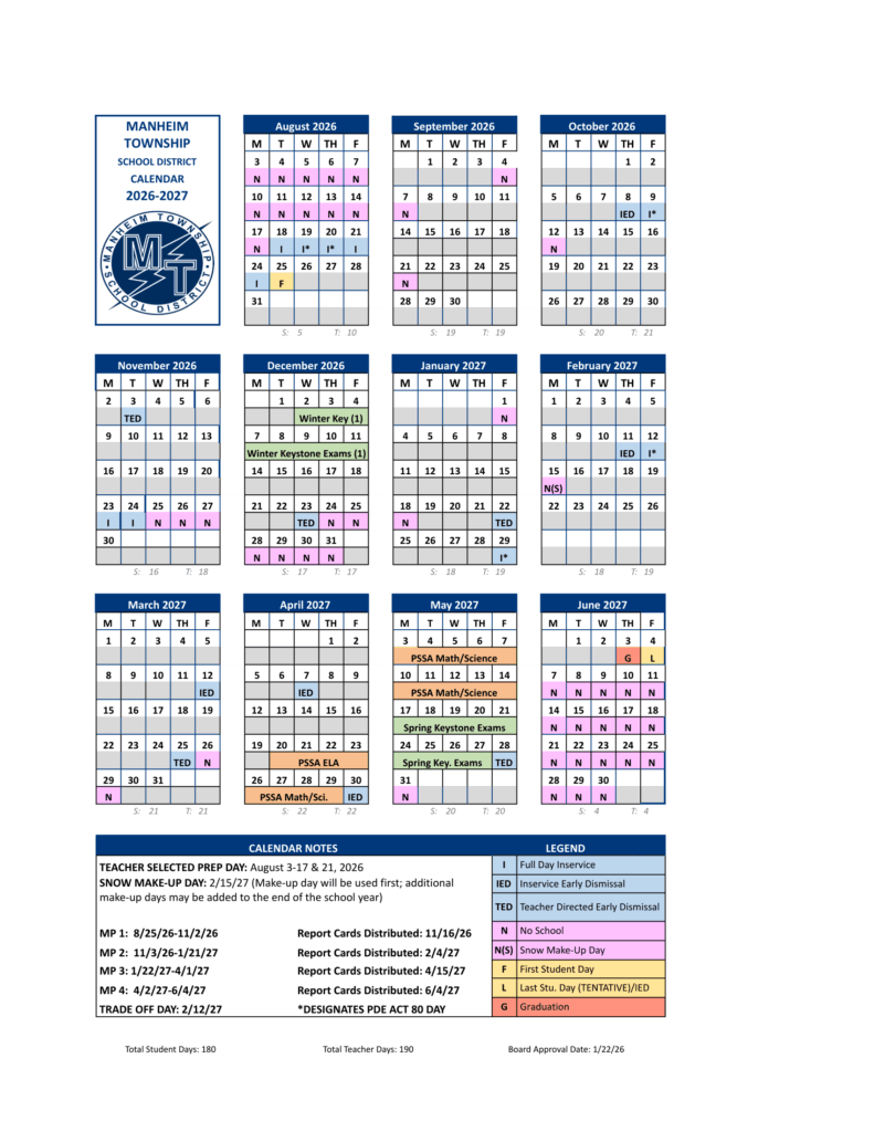 Manheim Township School District 26-27 Calendar