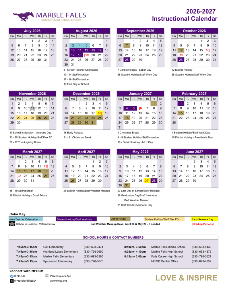 Marble Falls Independent School District 26-27 Calendar