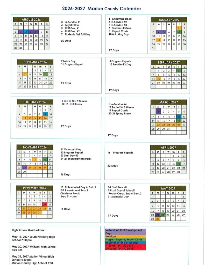 Marion County Calendar 2026-2027