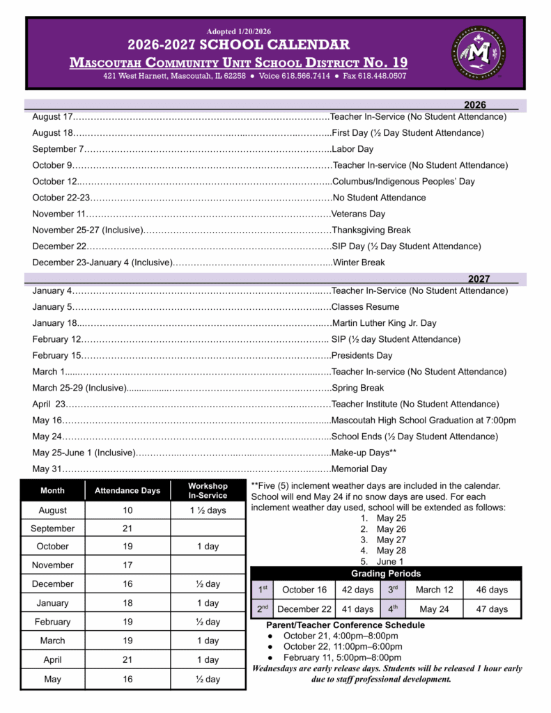 Mascoutah Community Unit School District No. 19 26-27 Calendar