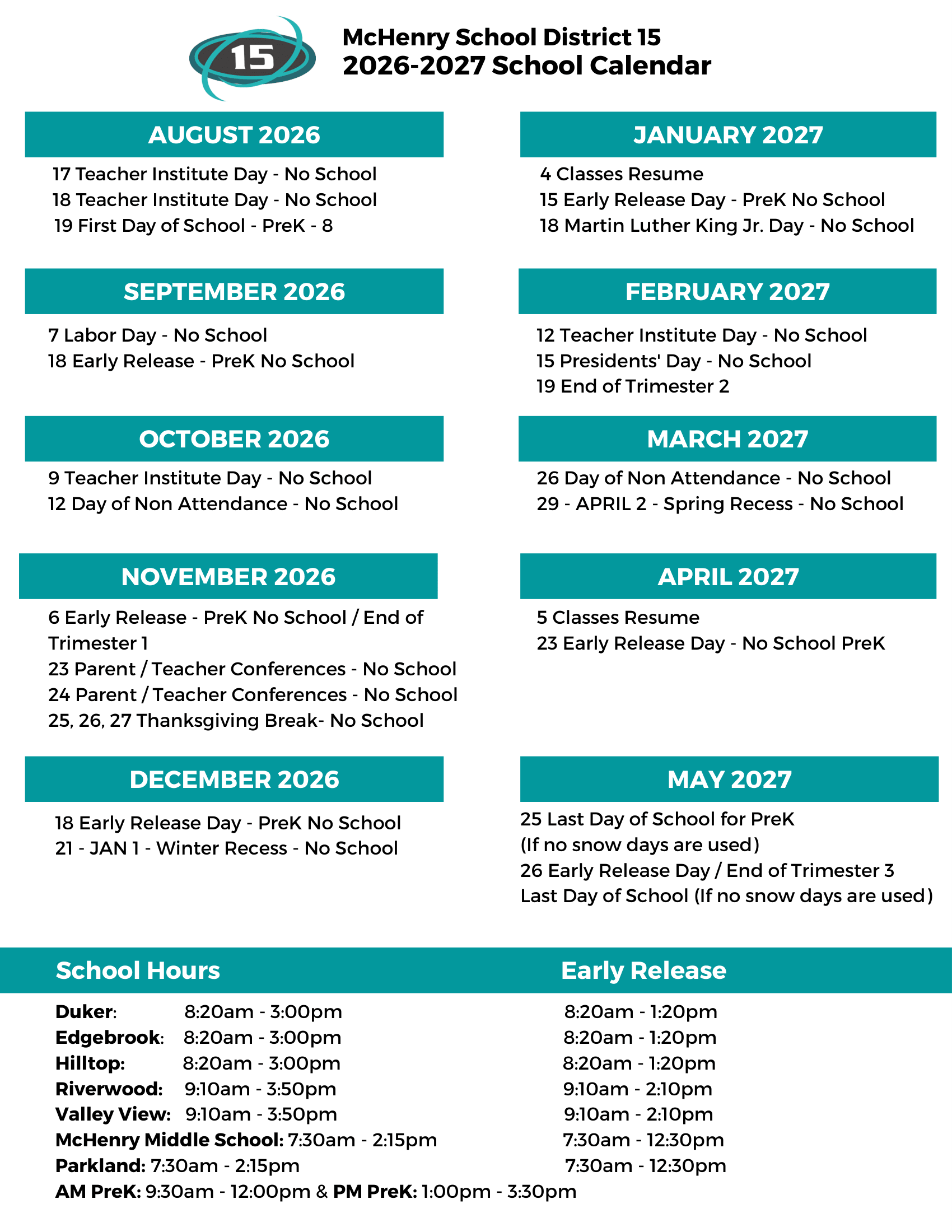 McHenry School District D15 Calendar 26-27 [PDF]