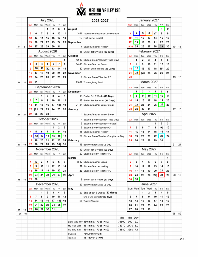 Medina Valley ISD 26-27 Calendar