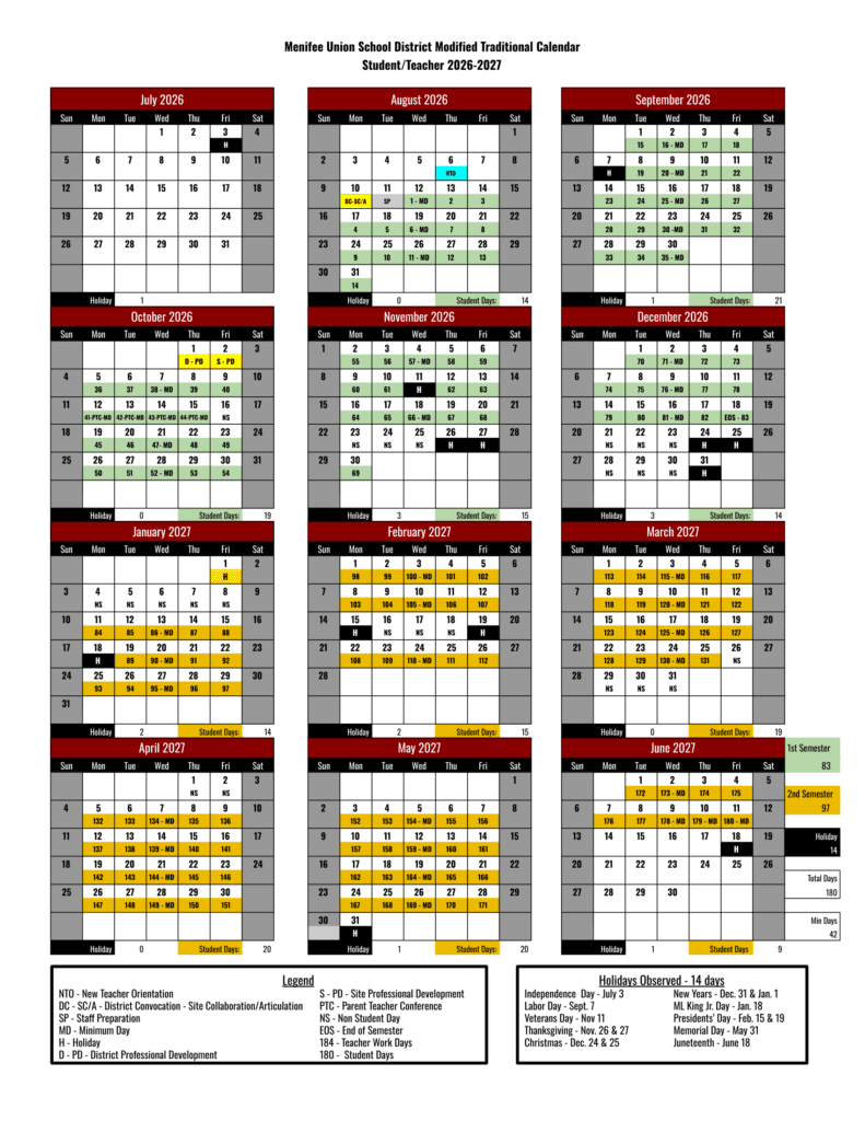 Menifee Union School District 26-27 Calender