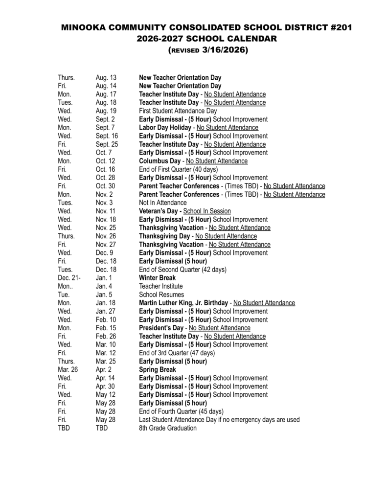 Minooka Community Consolidated School District #201 26-27 Calendar