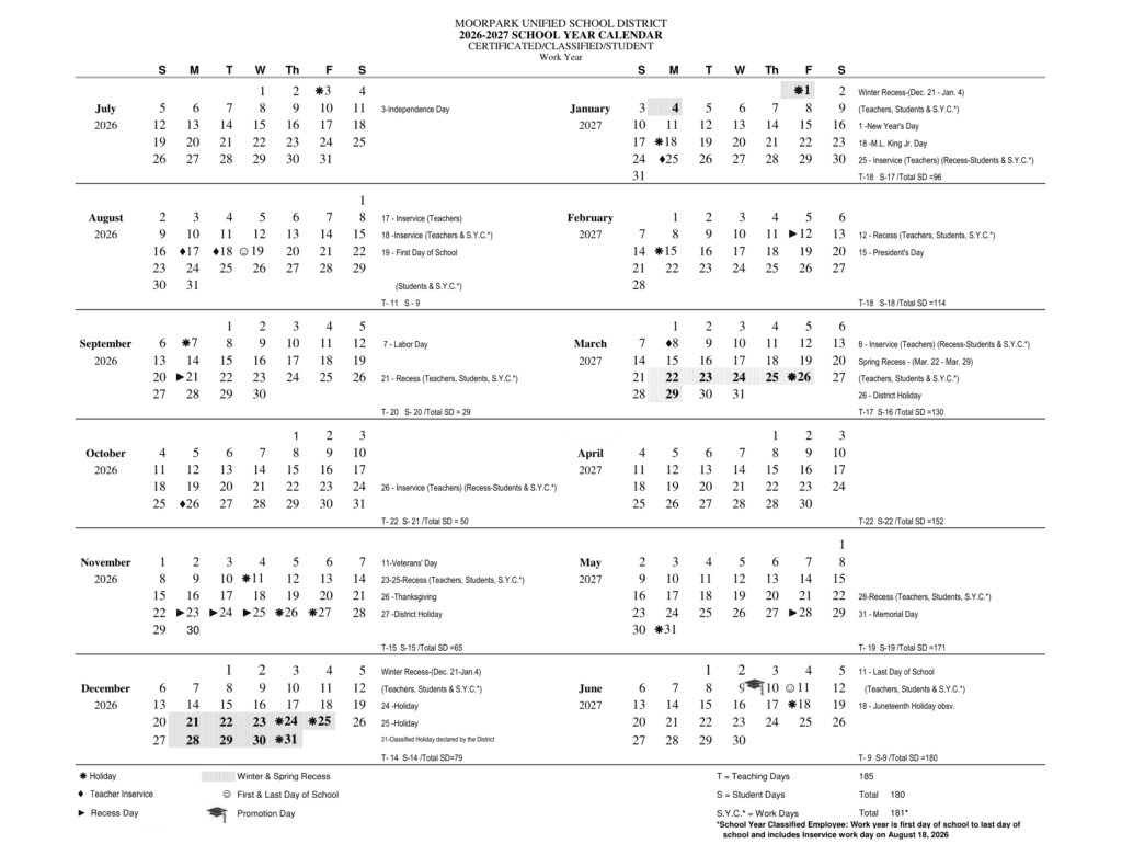 Moorpark Unified School District 26-27 Calendar
