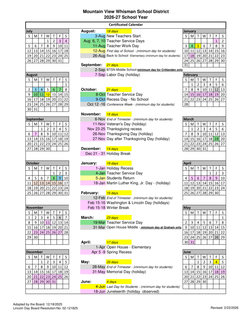 Mountain View Whisman School District 26-27 Calender