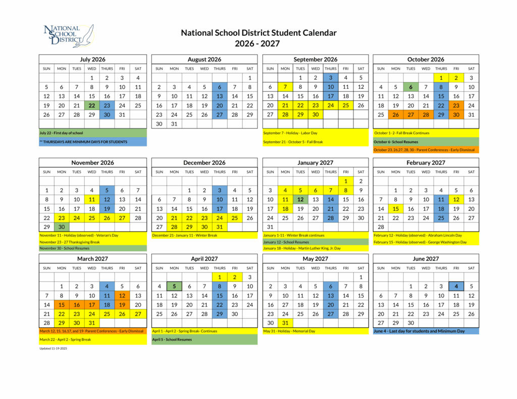 National School District 26-27 Calender
