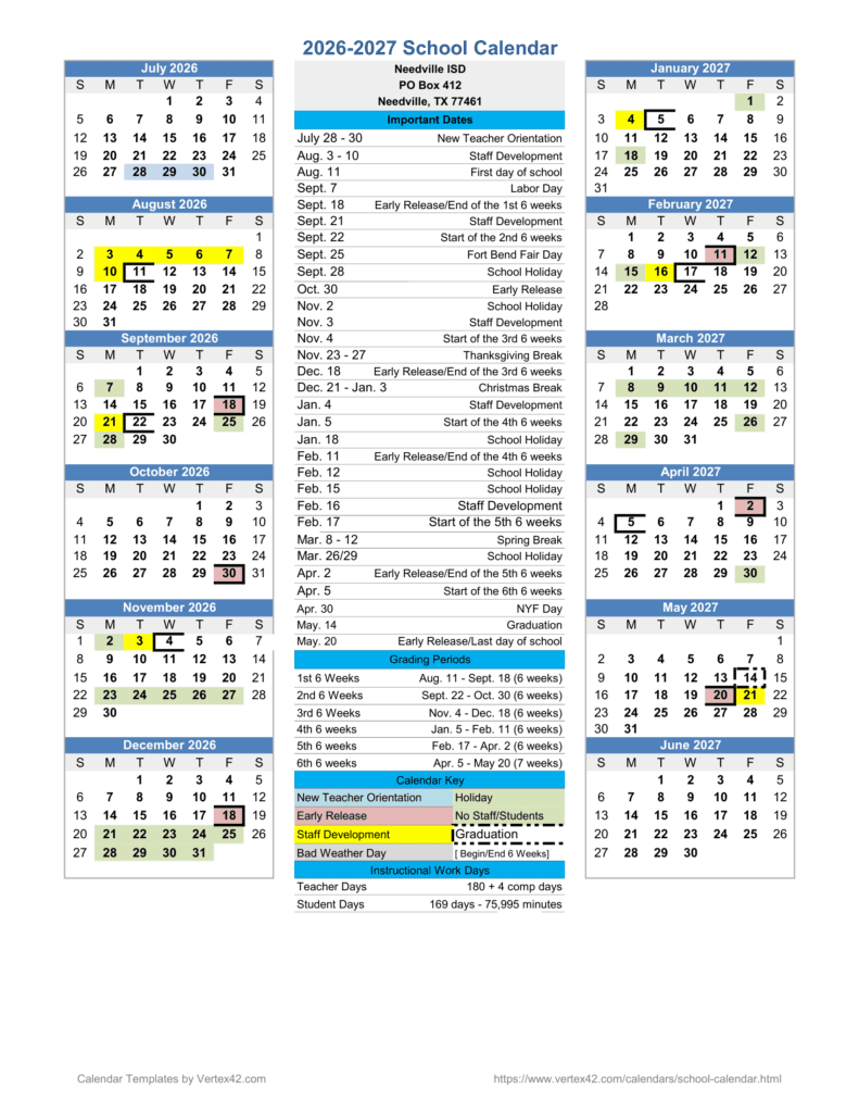 Needville ISD 26-27 Calendar