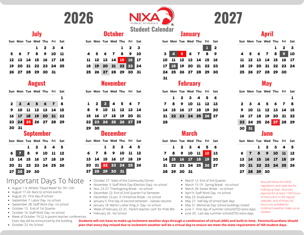 Nixa Public Schools 26-27 Calendar