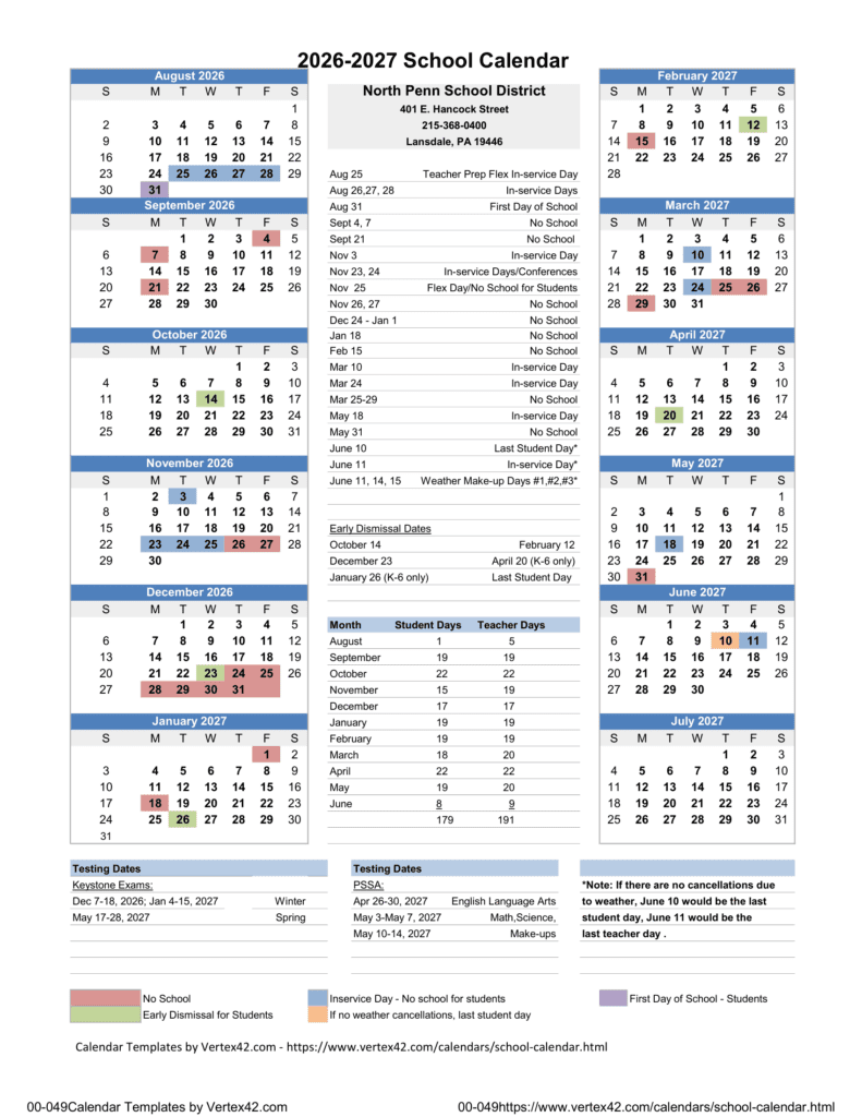 North Penn School District 26-27 Calendar