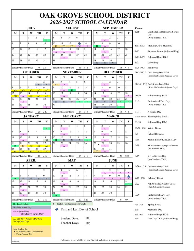 Oak Grove School District 26-27 Calender