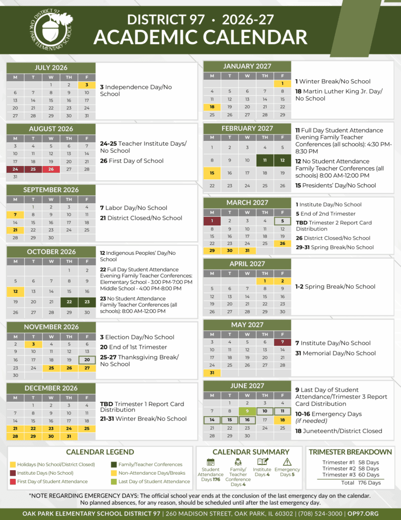 Oak Park Elementary School District 97 26-27 Calendar