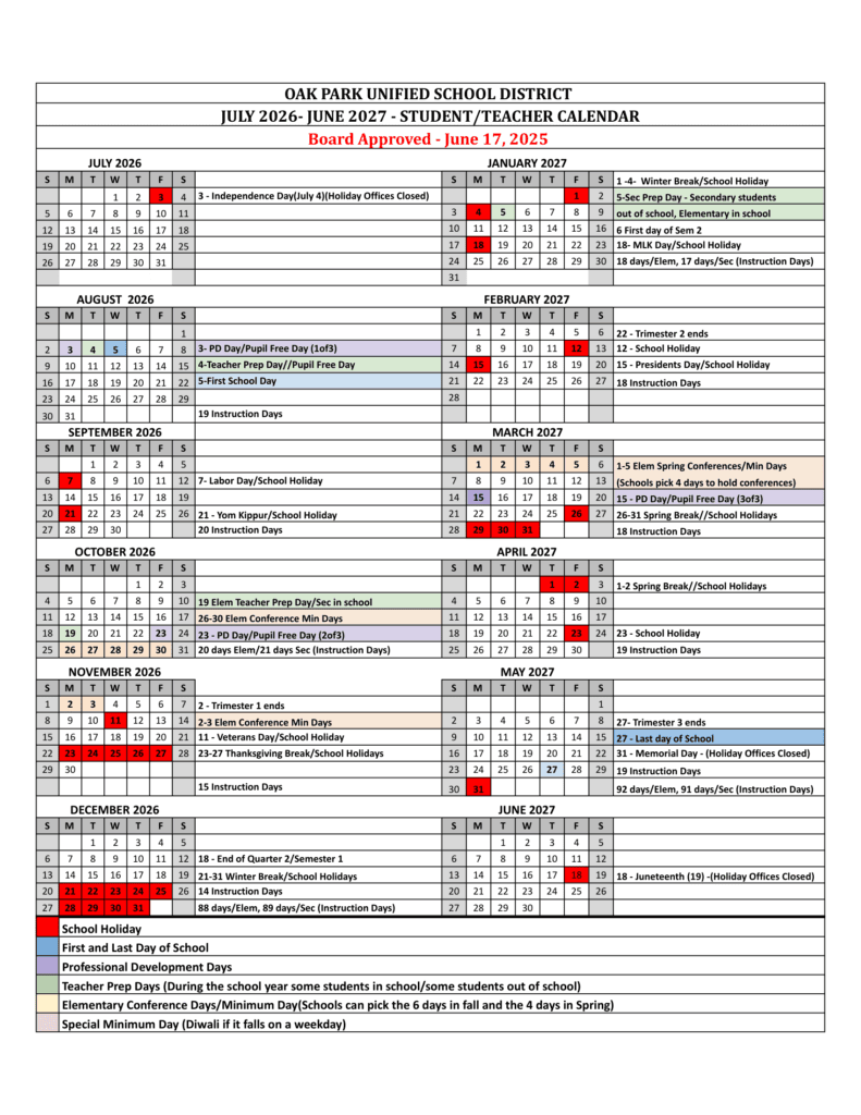 Oak Park Unified School District 26-27 Calendar