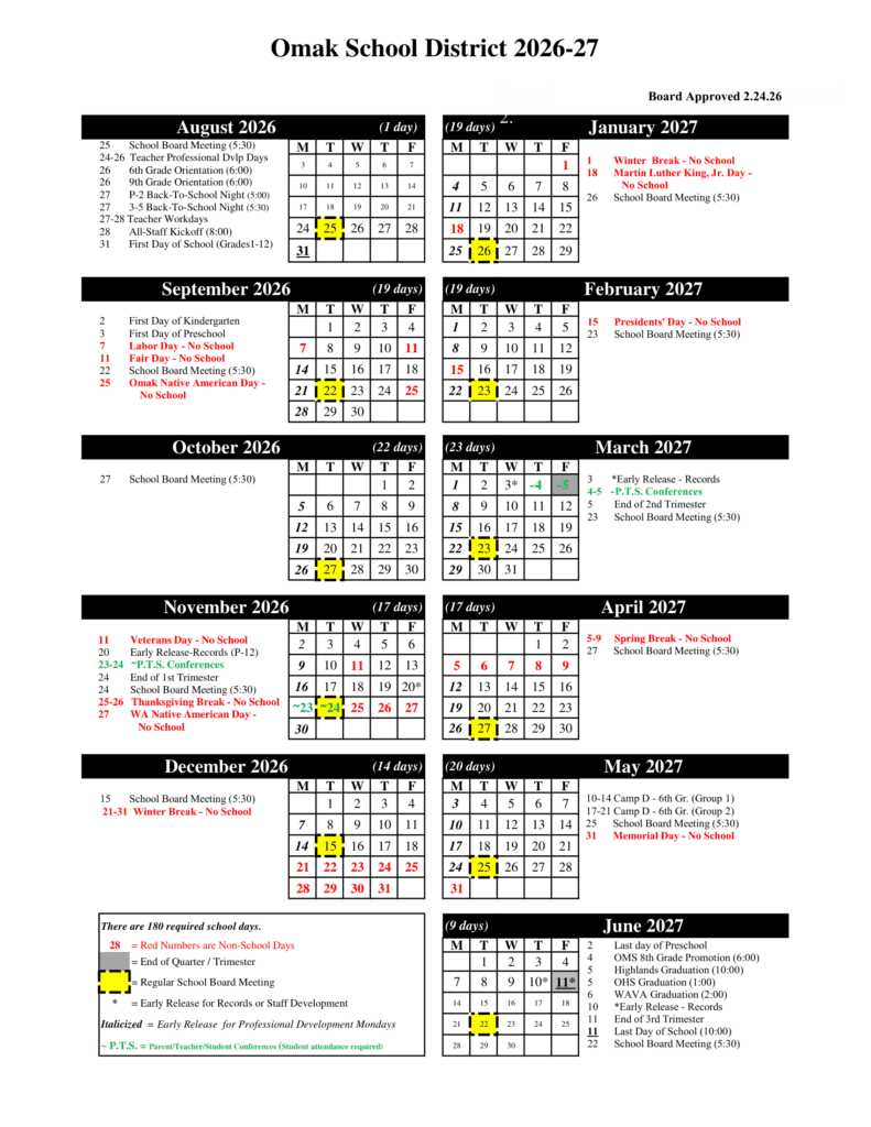 Omak School District 26-27 Calendar