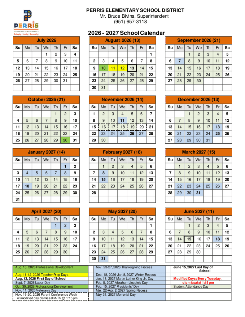 PERRIS ELEMENTARY SCHOOL DISTRICT 26-27 Calender