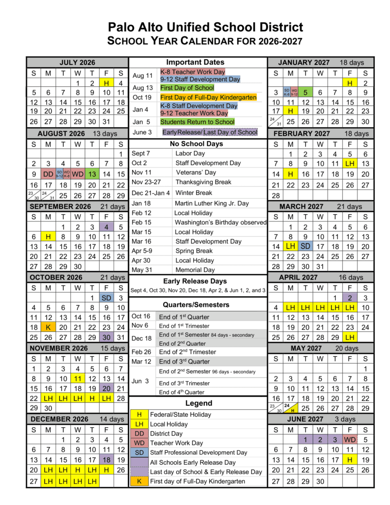 Palo Alto Unified School District 26-27 Calender