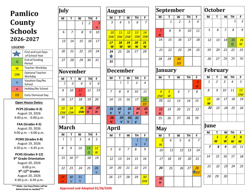 Pamlico County Schools 26-27 Calendar