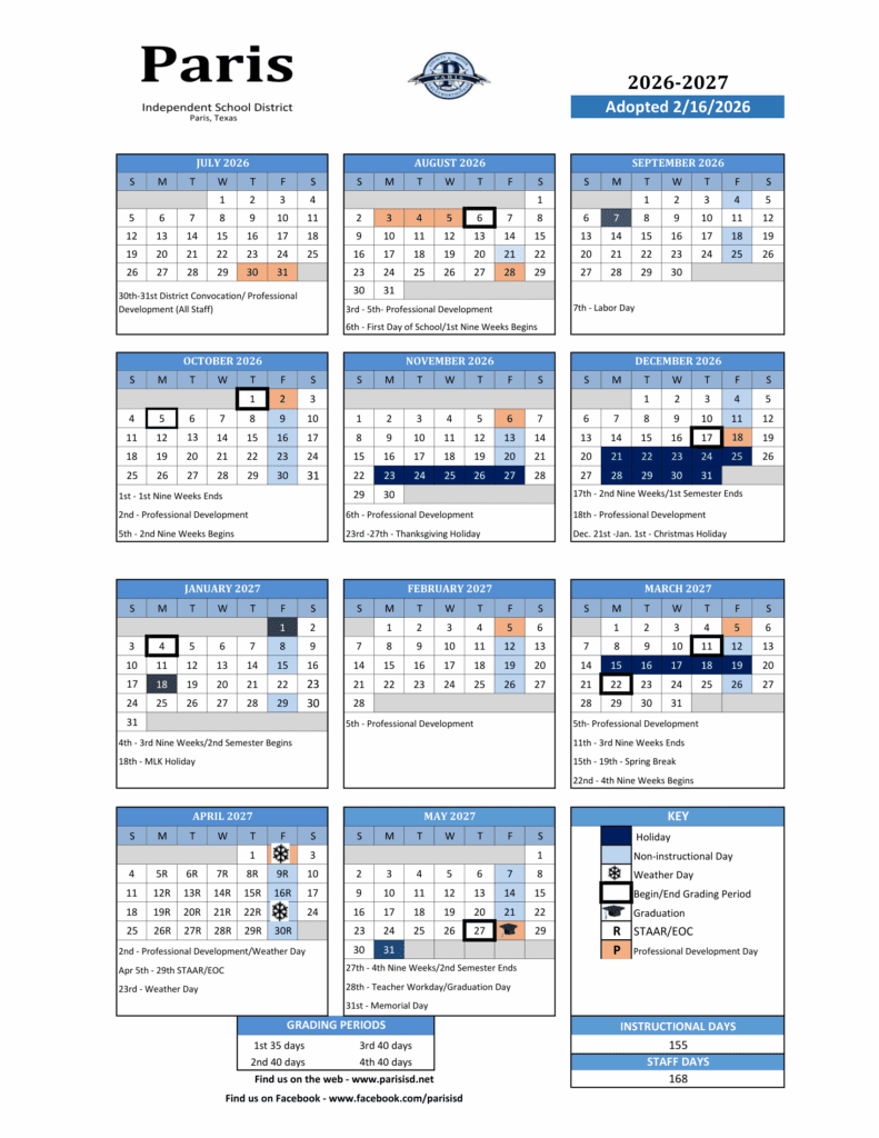 Paris Independent School District 26-27 Calendar