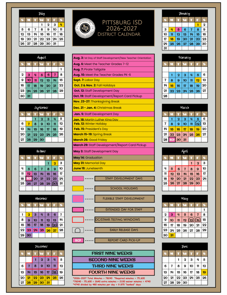 Pittsburg ISD 26-27 Calendar
