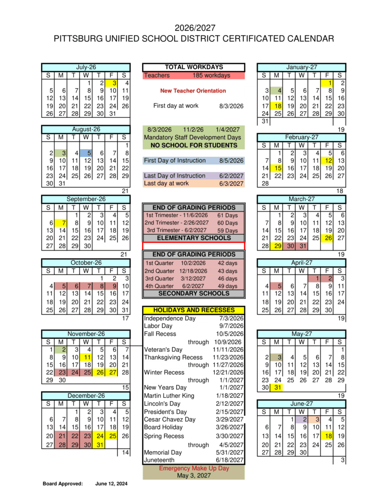 Pittsburg Unified School District 26-27 Calender