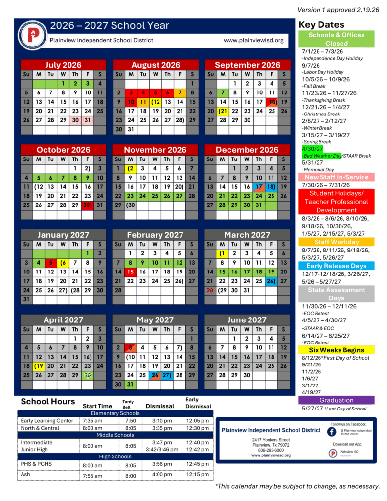 Plainview Independent School District 26-27 Calendar