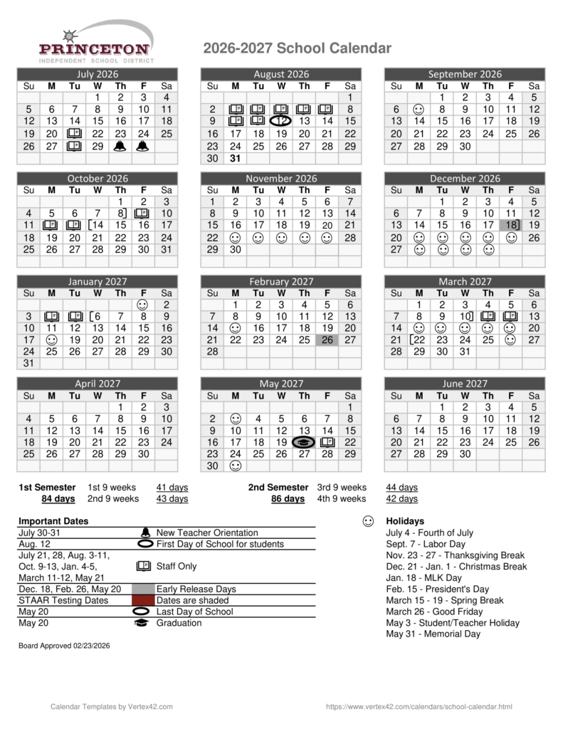 Princeton Independent School District 26-27 Calendar