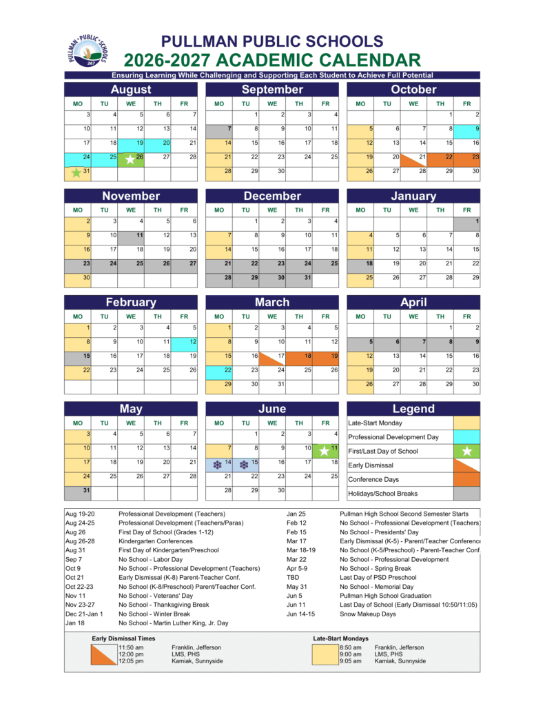 Pullman Public Schools 26-27 Calendar