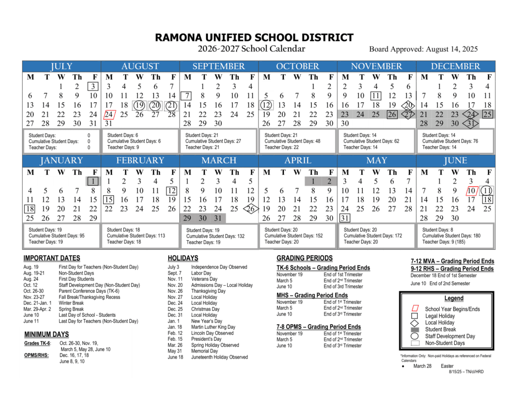 Ramona Unified School District 26-27 Calender
