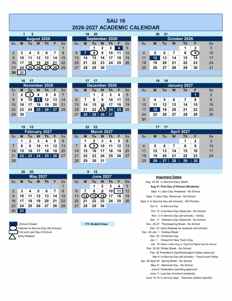 SAU 16 26-27 Calendar