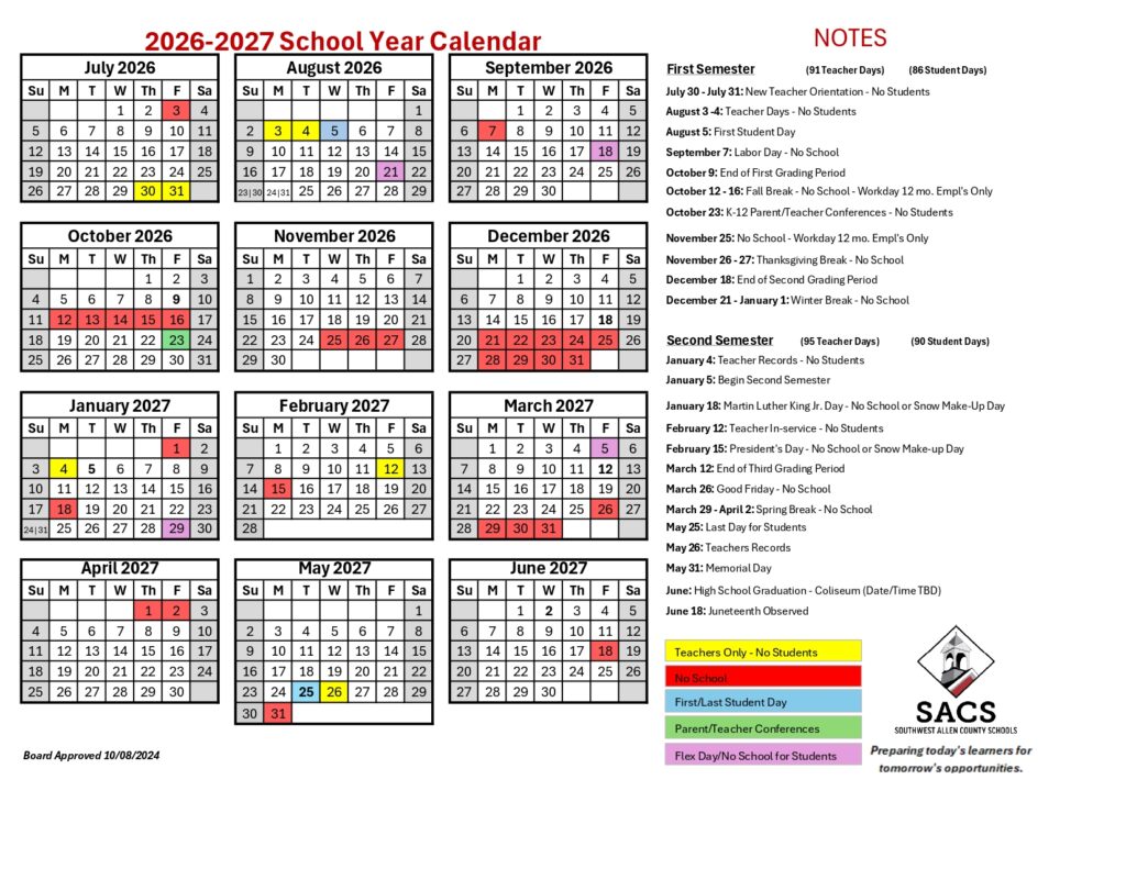 SOUTHWEST ALLEN COUNTY SCHOOLS Calendar 2026-2027