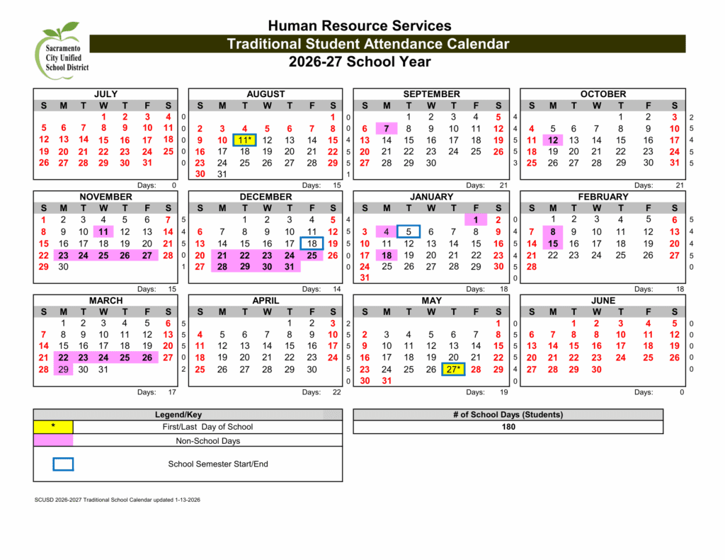 Sacramento City Unified School District 26-27 calendar