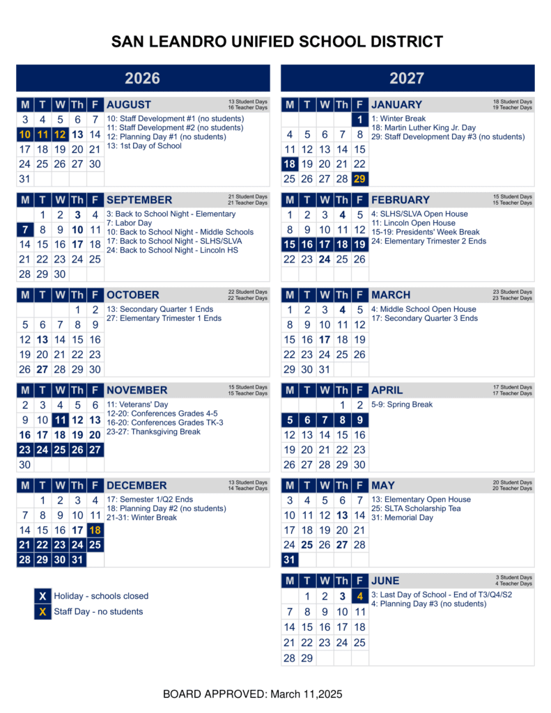 San Leandro Unified School District 26-27 calendar
