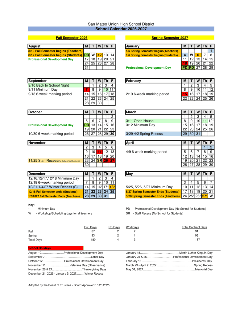 San Mateo Union High School District 26-27 Calendar