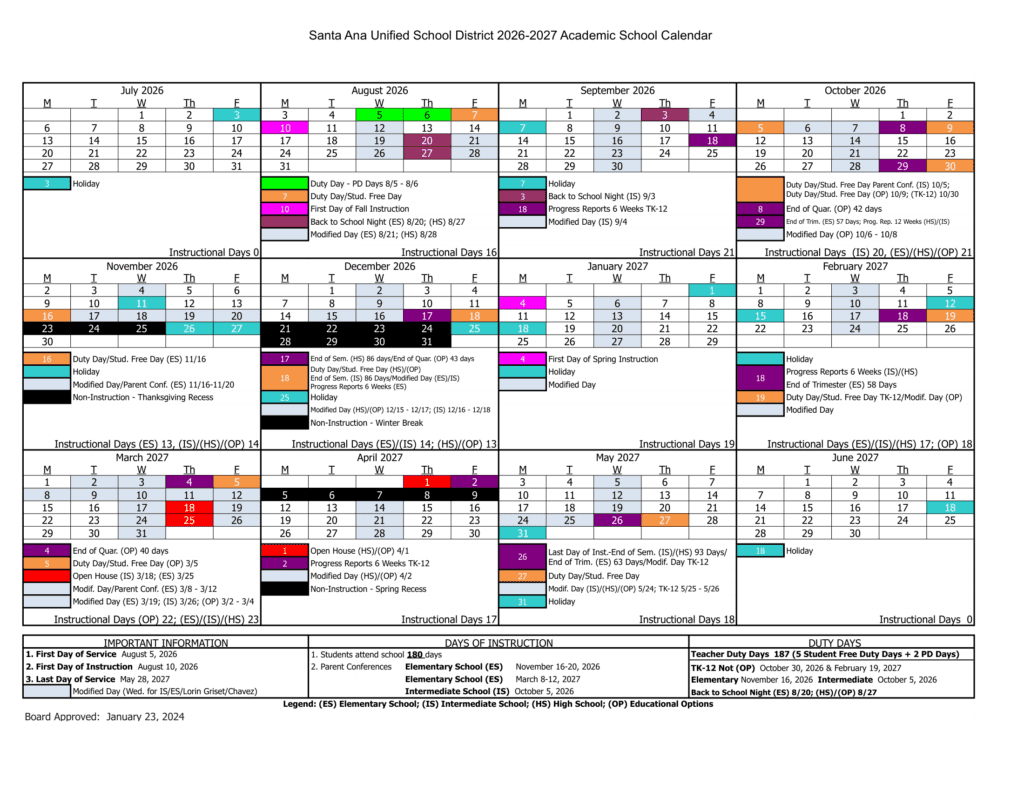 Santa Ana Unified School District 26-27 Calender