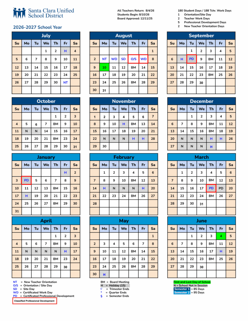 Santa Clara Unified School District 26-27 Calender