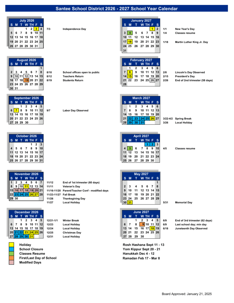 Santee School District 26-27 Calender