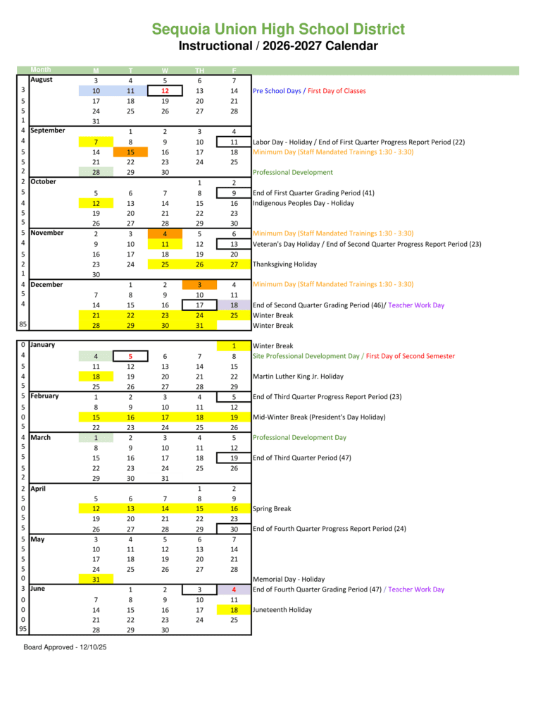 Sequoia Union High School District 26-27 Calendar