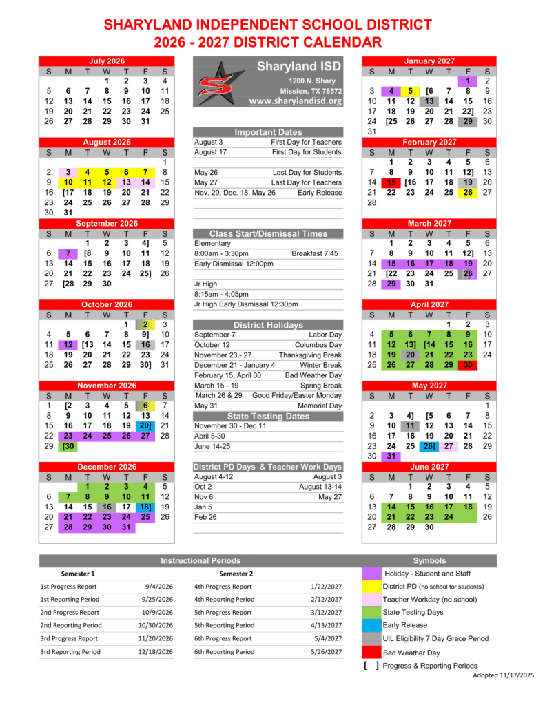 Sharyland Independent School District 26-27 Calendar