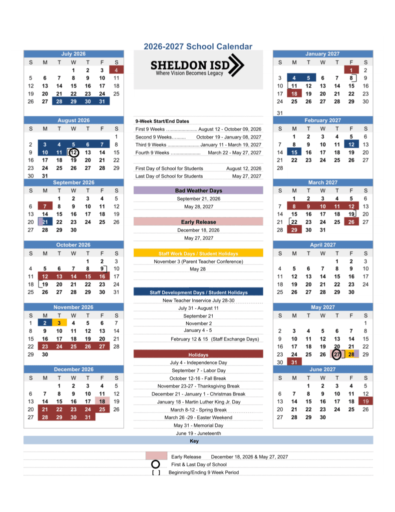 Sheldon ISD 26-27 Calendar