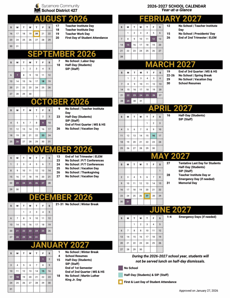Sycamore Community School District 427 26-27 Calendar