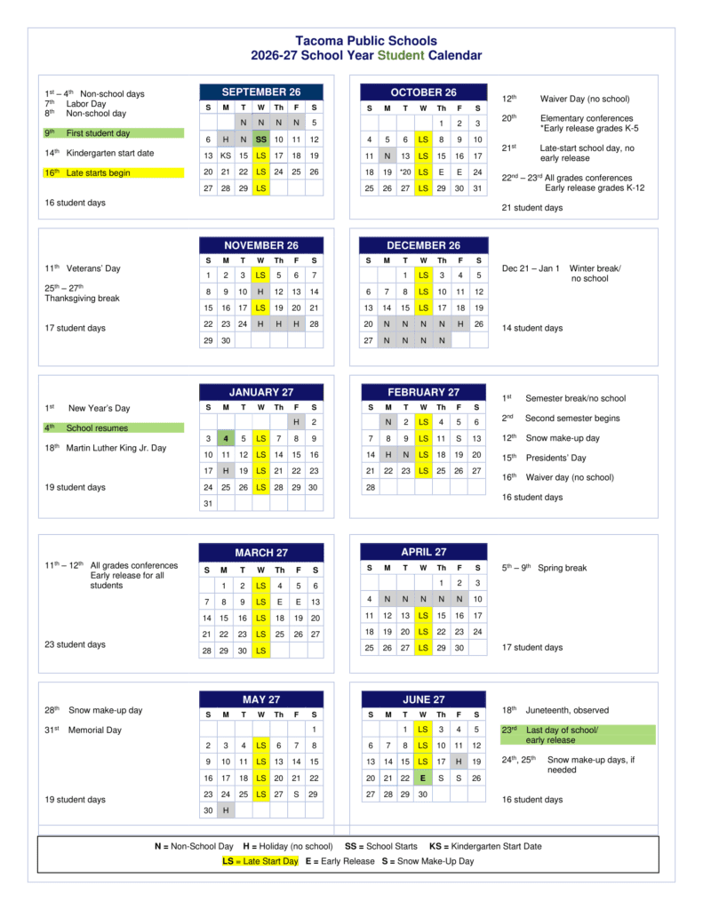 Tacoma Public Schools 26-27 Calendar