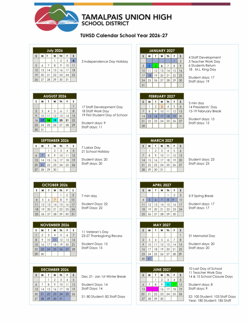 Tamalpais Union High School District 26-27 Calendar